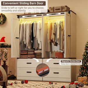 Armario de Madera SENYU Estilo Rústico de 2 Puertas con Paneles Elevados, Luces LED, Puerta Corredera Plegable Tipo Granero, Ecológico, para Dormitorio - Product Image 4