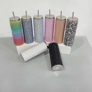 Gobelet isotherme 20oz en acier inoxydable à double paroi sous vide, orné de strass et de cristaux colorés, avec paille - Product Image 5