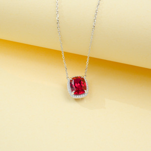 Collier pendentif en argent sterling 925 avec rubis de laboratoire taille coussin, halo avec accents de diamants, bijoux fins pour femmes - Product Image 6
