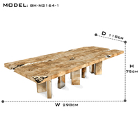 Vente directe d'usine, meubles de salle à manger en bois de luxe, grandes tables à manger rectangulaires en racine de peuplier et laiton