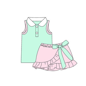 Haut sans manches en coton uni confortable et personnalisé, jupe-short à volants, tenues d'été pour filles, vêtements de sport pour sœurs, vente en gros - Product Image 3