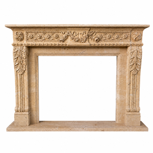 Traditional Marble <b>Fireplace</b> Mantel With Ornate Carving Galala Beige Stone Indoor Wood Burning Hearth For Living Room - Product Image 2
