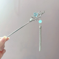 Élégante épingle à cheveux en pierre de lune glacée avec pompon, style vintage chinois, accessoire pour cheveux pour femmes et filles, vente en gros