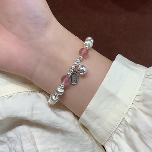 S925 Sterling Silver Beaded <b>Bracelet</b> With Strawberry Quartz And Cat's Eye <b>Beads</b> For Women Everyday Wear - Product Image 2