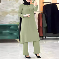 Ensemble deux pièces, tunique et pantalon Abaya élégante en été, taille plus, manches longues, boutons en bois, coutures latérales élastiques, femmes musulmanes