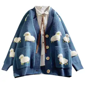 OEM New Design Spring/Fall Women's Clothes Knitted Sheep Animal V Neck Long Sleeved Cardigan Sweater Top with Pockets