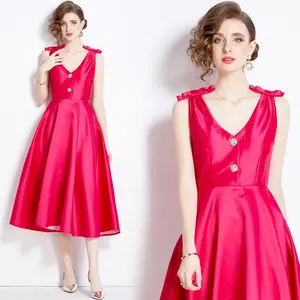 2024 Spring/Summer European Beauty Sexy Sleeveless Long Dress V-neck Bow with Diamond Button Banquet Dress
