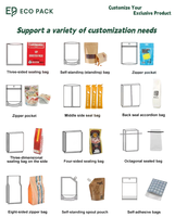 Sacs alimentaires personnalisés ECOPACK en plastique composite de qualité alimentaire avec fenêtre créative, fermeture éclair, pochette autoportante, valve et revêtement aqueux pour snacks et aliments