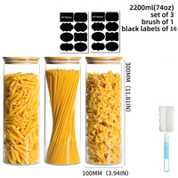 Ensemble de 3 bocaux en verre de 2200 ml avec couvercle en bambou hermétique pour pâtes, spaghetti, céréales, café, thé avec étiquettes et brosse, pot de conservation en verre
