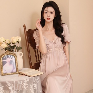 Ropa de Dormir de Seda para Mujer, Talla Grande, Pijama Sexy con Encaje, Camisón Largo con Mangas Cortas - Product Image 3