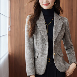 Women's Wool Blazer Gray Solid Color No-Wrinkle Treatment Petite Fit Casual Elegant Style - Product Image 4