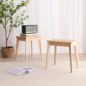 Rattan Solid Wood Small Square <b>Stool</b> Nordic Style Dressing <b>Stool</b> Makeup <b>Stool</b> Ash Wood Home Use <b>Bedroom</b> <b>Stool</b> - Product Image 2