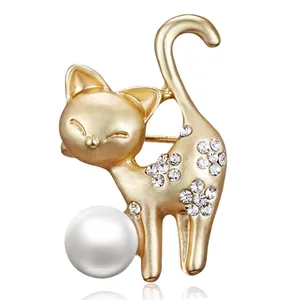 Schöne Vintage vergoldete Strass Perlen Kragen Anstecknadeln Metall Tier Katze Broschen Schmuck für Frauen