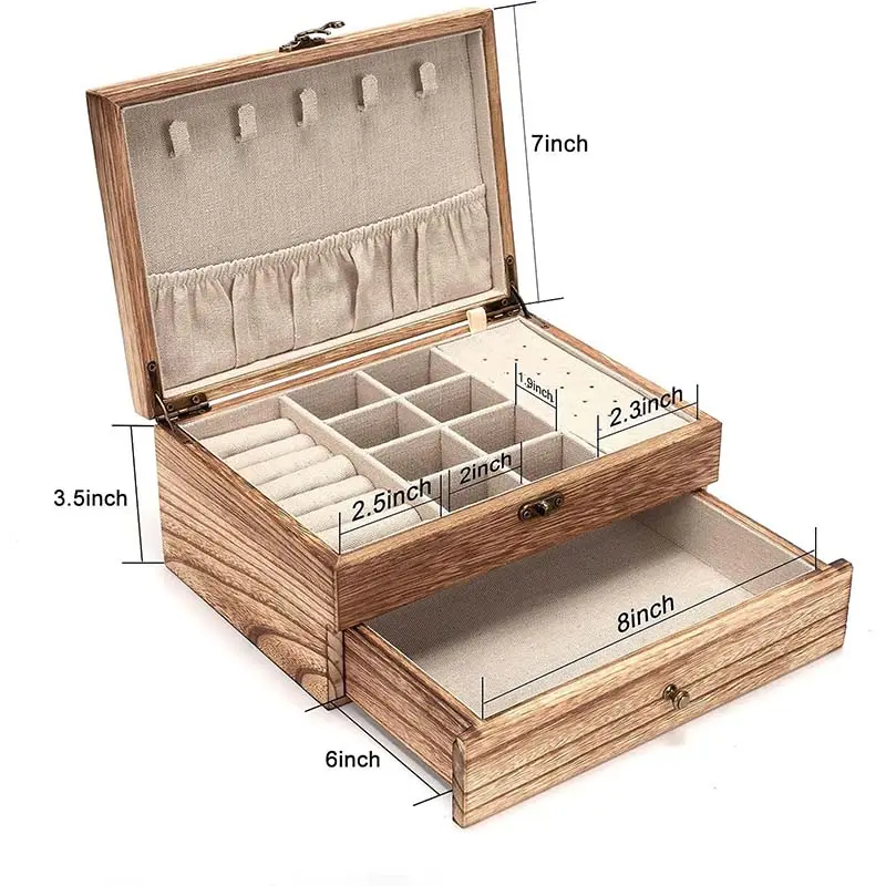 Caja de almacenamiento de joyería de madera de estilo rural, joyero de madera marrón retro de estilo de granja