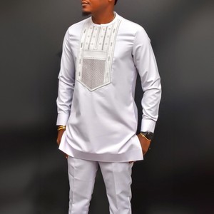 Completo Elegante da <span class=keywords><strong>Uomo</strong></span> con Pantaloni Ricamati Girocollo a Maniche Lunghe Tinta Unita Due Pezzi <span class=keywords><strong>Abbigliamento</strong></span> Sociale <span class=keywords><strong>Etnico</strong></span> Africano da <span class=keywords><strong>Uomo</strong></span> - Product Image 5