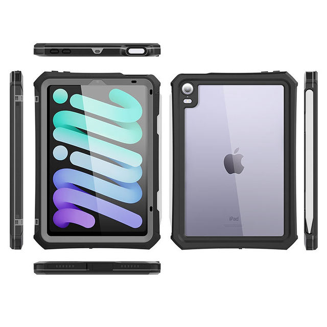 Built-in Screen Protector Stand IP68 Certified Shellbox Case iPad Mini6 2021 Dustproof Waterproof Shockproof Sandproof Black