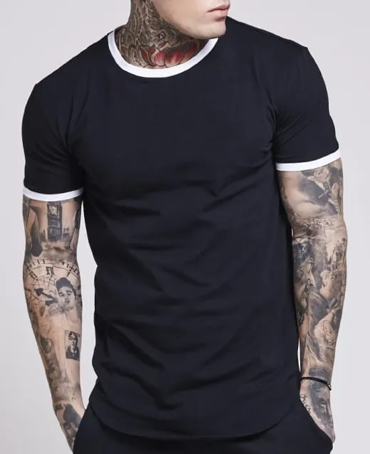 MS-2115 Uomini 100% Cotone Nero Ringer T Shirt Collo Colletto della Camicia T