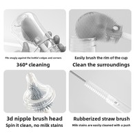 Ensemble de brosses à biberons portables en PP et silicone 6-en-1, multifonctionnel pour nouveau-né, avec support de séchage, brosse à gobelet double usage