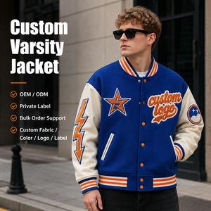 <span class=keywords><strong>Giacca</strong></span> Varsity ODM da Uomo Blu Royal <span class=keywords><strong>Beige</strong></span> Pesante con Ricamo Grafico, Corpo in Lana e Maniche in <span class=keywords><strong>Pelle</strong></span>, <span class=keywords><strong>Giacca</strong></span> Letterman - Product Image 1