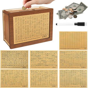 Boîte de défi d'épargne réutilisable <span class=keywords><strong>en</strong></span> bois pour adultes, pour la réalisation d'objectifs d'épargne, avec compartiments pour Dollar USD, <span class=keywords><strong>Euro</strong></span>, <span class=keywords><strong>XOF</strong></span>/CFA et pièces de monnaie - Product Image 1