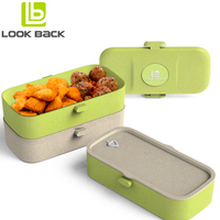 Boîte à lunch bento japonaise de 1 L, double couche, sans BPA, en paille de blé, compatible micro-ondes, avec couverts, étanche, type tiffin
