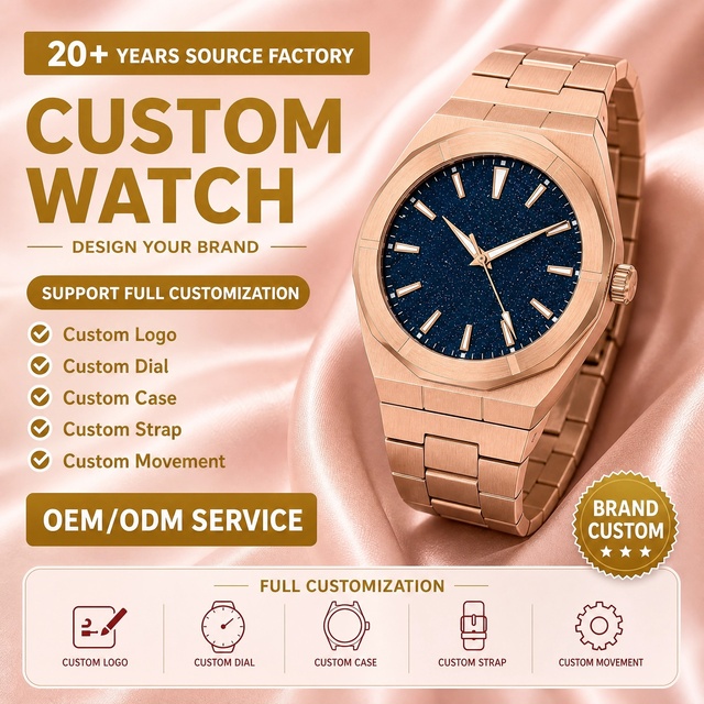 Men's Quartz Watch Rose Gold Star Dust & Blue Sandstone Dial Stainless Steel Fashion Sport 20mm Band High Quality
