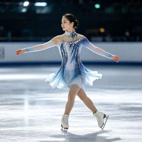 Robe de patinage artistique bleu et blanc dégradé à col montant, dos ouvert ajouré, ornée de strass, manches longues en maille, pour adultes et enfants