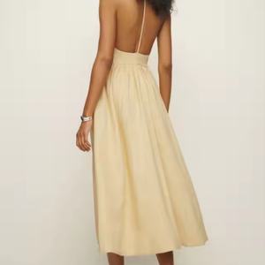 Robe longue plissée unie décontractée dos nu sexy moulante en lin pour femme – Idéale pour les soirées – Grande Vente - Product Image 5