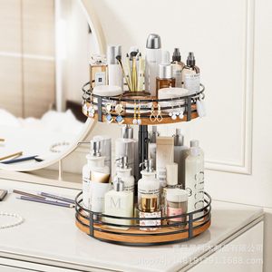 Étagère de rangement rotative en bois à 2 niveaux pour salle de bain, organiseur de maquillage avec étagère tournante, utilisation sur bureau - Product Image 4