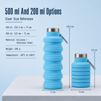 Bouteille d'eau pliable en silicone 500 ml avec couvercle en acier inoxydable, mousqueton et design de voyage pliable
