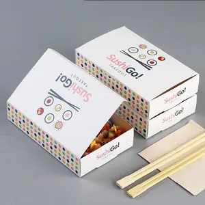 Kotak laci makanan kertas Kraft putih kustom Logo kemasan Bento togo Sushi kotak khusus dengan pegangan