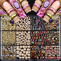 Accessoires de décoration d'ongles 3D en métal de bonne qualité, 12 compartiments, style japonais, strass colorés dorés, luxe vintage pour ongles