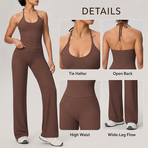 Conjunto Deportivo para Mujer, Top Halter Suave con Cuello Cruzado, Pantalones Anchos de Cintura Alta, Corte Ajustado, 2 Piezas, Ropa Deportiva para Yoga, Gimnasio, Running - Product Image 4