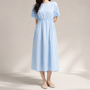 Light Blue O-Neck Loose Midi Dress With Drawstring <b>Elastic</b> Waist Short Sleeve Casual Summer Woven Cotton Solid Color Flared Hem - Product Image 1