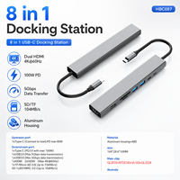 Hub USB C 8 en 1, HDMI dual 4K*60Hz + lector de tarjetas SD/TF, estación de carga PD de 100W con 2 puertos USB-C y 2 puertos USB-A 3.0 para computadora portátil