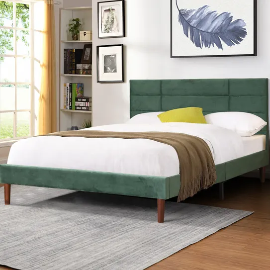 Luxury Queen King Bed Frame Tufted Headboard Upholstered Platform Bed Lit Noise Free Durable Wood Slats