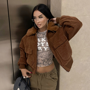 Veste en velours côtelé marron, col court en teddy, fermeture éclair, doublure en sherpa, streetwear rétro, crop top baddie - Product Image 3