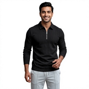 Wholesale Custom Logo Solid High Quality Cotton Blend <b>Zip</b> <b>up</b> <b>Polo</b> Strip Casual Mens Long Sleeve T-shirt for men - Product Image 1