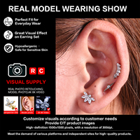 Piercing d'oreille G23 en titane ASTM F136, style lotus classique, sans filetage, à poussoir, qualité implant, pour tragus, avec zircon