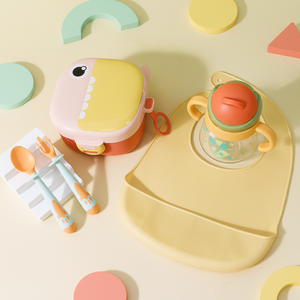 Ensemble de repas multifonctionnel pour enfants, nouveau design, bavoirs en silicone pour bébé, bouteille d'eau, vaisselle, cuillère et fourchette pour bébés - Product Image 2