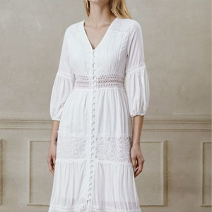 <span class=keywords><strong>Vestido</strong></span> <span class=keywords><strong>Largo</strong></span> de Verano Personalizado OEM de Alta Calidad para Mujer, Informal, de Lino y Algodón, Suave, Tejido, Corte A, Manga Abullonada, Maxi, Estilo Princesa, Color <span class=keywords><strong>Blanco</strong></span> - Product Image 3
