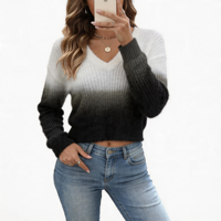 Pull court en maille côtelée dégradé blanc et noir, style coréen, col en V, coupe ajustée, pour femme, collection automne