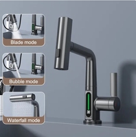Olifebanos Matt Black Digital Go up and Down Basin Mixer Lavatory Faucets dengan Pullout Deck Mounted LED Display Black