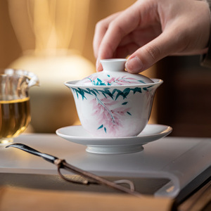 Guanlan Hand Painted Wisteria Flower Gaiwan <b>Teacup</b> Three Piece Set White Porcelain Heat Resistant Tea Bowl With Lid - Product Image 2