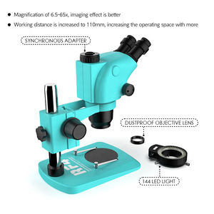 <span class=keywords><strong>Microscope</strong></span> stéréoscopique trinoculaire à <span class=keywords><strong>zoom</strong></span> synchrone RF6565TV 6,5X à 65X avec éclairage LED 144 pour téléphone, bijoux, soudure - Product Image 6