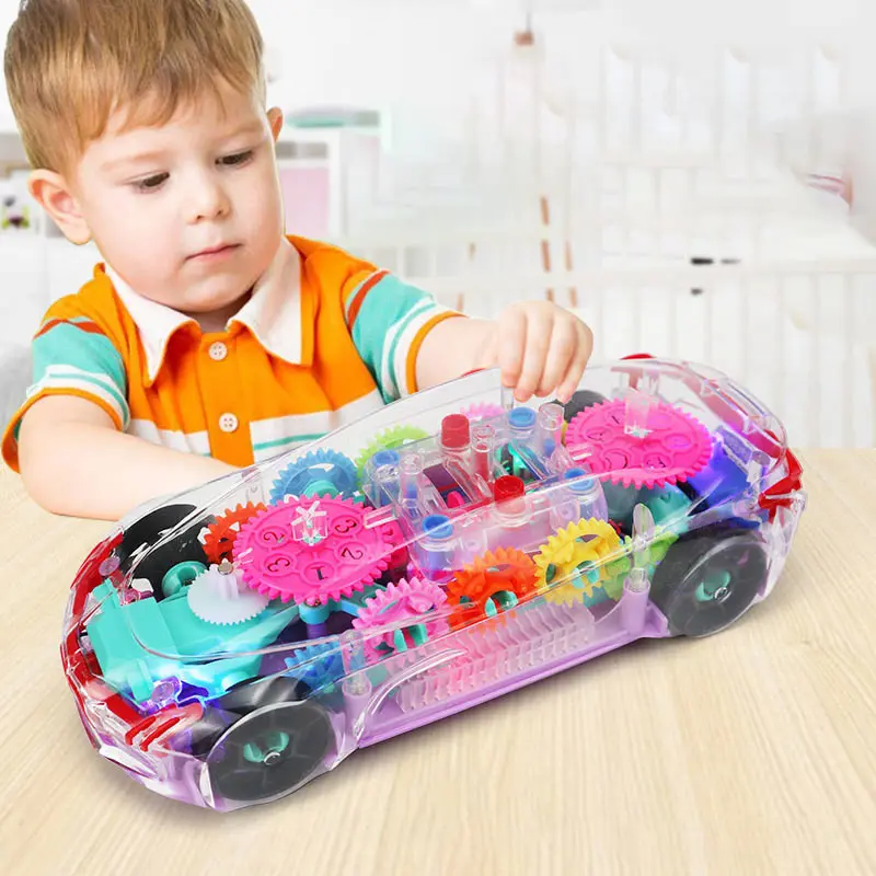 2022 toy mechanical battery-powered racing toy Visible colored moving gears with LED lighting effects play fascinating music car