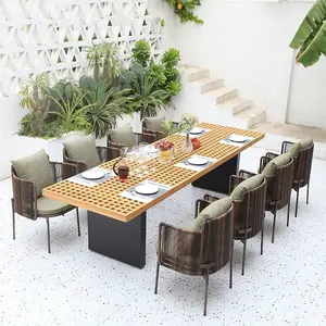 New Style Patio Garden Restaurant Rattan Chair Hotel Outdoor Furniture Set Teak Wood Outdoor Dining Table And Chair 6 8 People