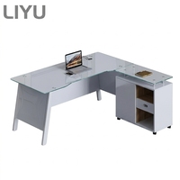Bureau de direction contemporain professionnel Liyu en verre avec armoire latérale, grande surface, plateau supérieur en métal blanc