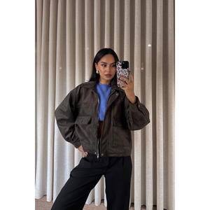 Khaki <b>Suede</b> Women's <b>Jacket</b> with Large Pockets - Product Image 3