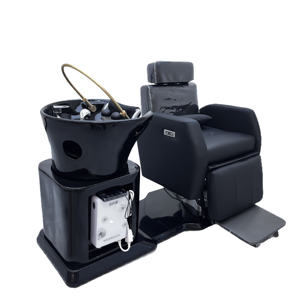 Station de lavage moderne noire pour salon avec fauteuil de massage réglable et repose-pieds – Chaise de lavage - Product Image 1
